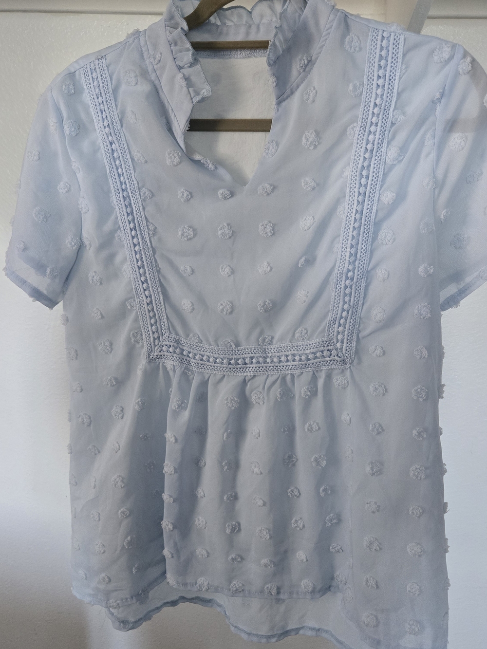 Light Blue Swiss Dot Lace Trim Women's Blouse